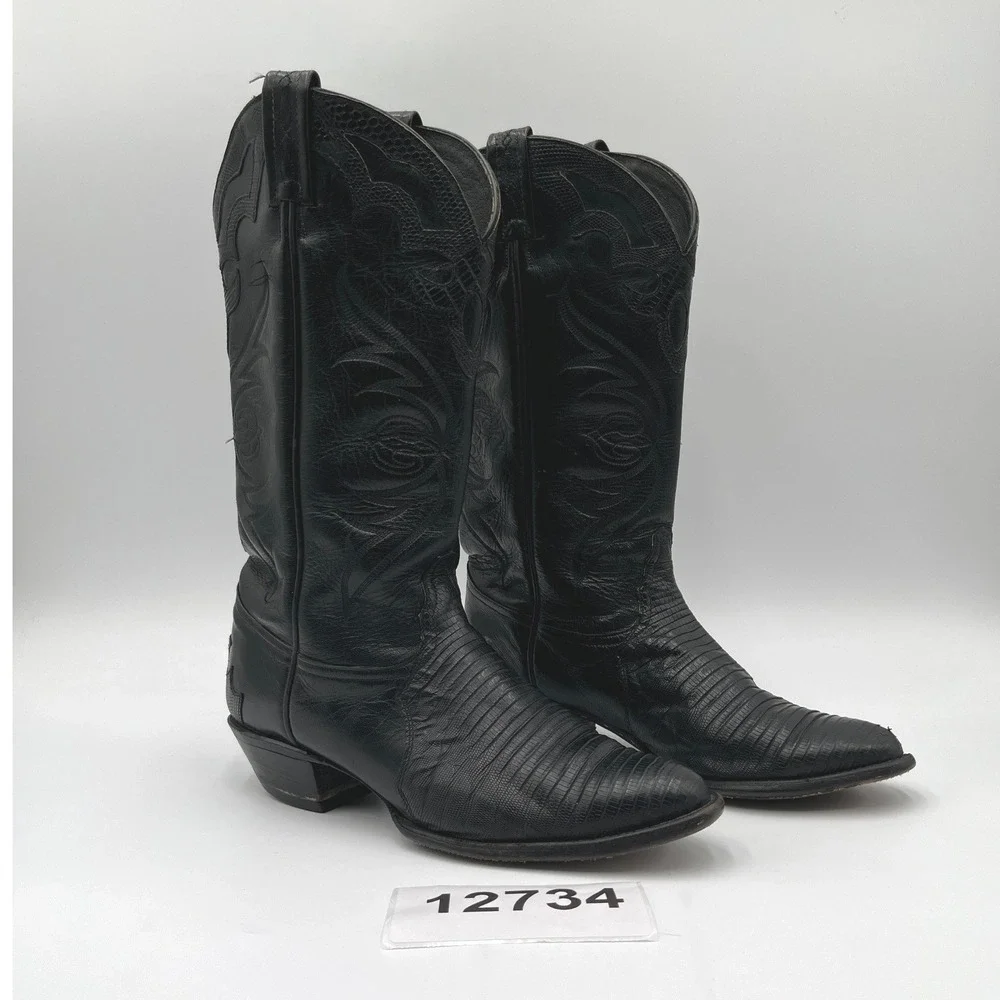 Tony Lama Exotic Nacogdoches Men 8 Black Leather Block Heel Cowboy Western Boots